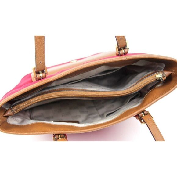 MICHAEL KORS RED NYLON CANVAS TAN BROWN GENUINE LEATHER TRIM TOTE SHOULDER BAG - Picture 7 of 14